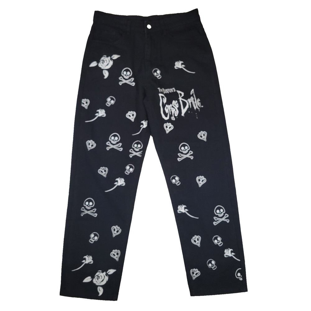 Romwe X Corpse Bride Jeans Black Goth Skulls Print 32x30 Straight Leg NEW